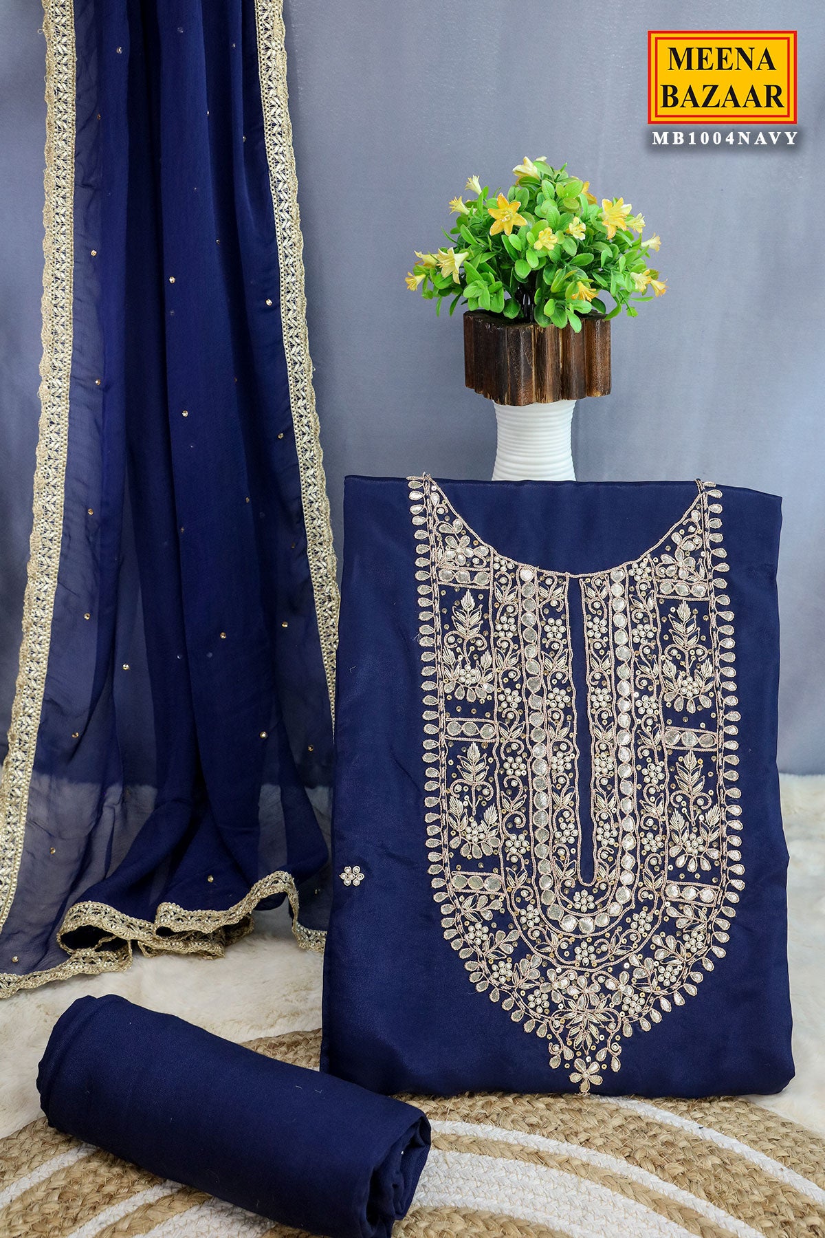 Navy Crepe Silk Gota Patti Embroidered Unstitched Suit