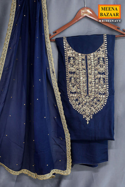 Navy Crepe Silk Gota Patti Embroidered Unstitched Suit