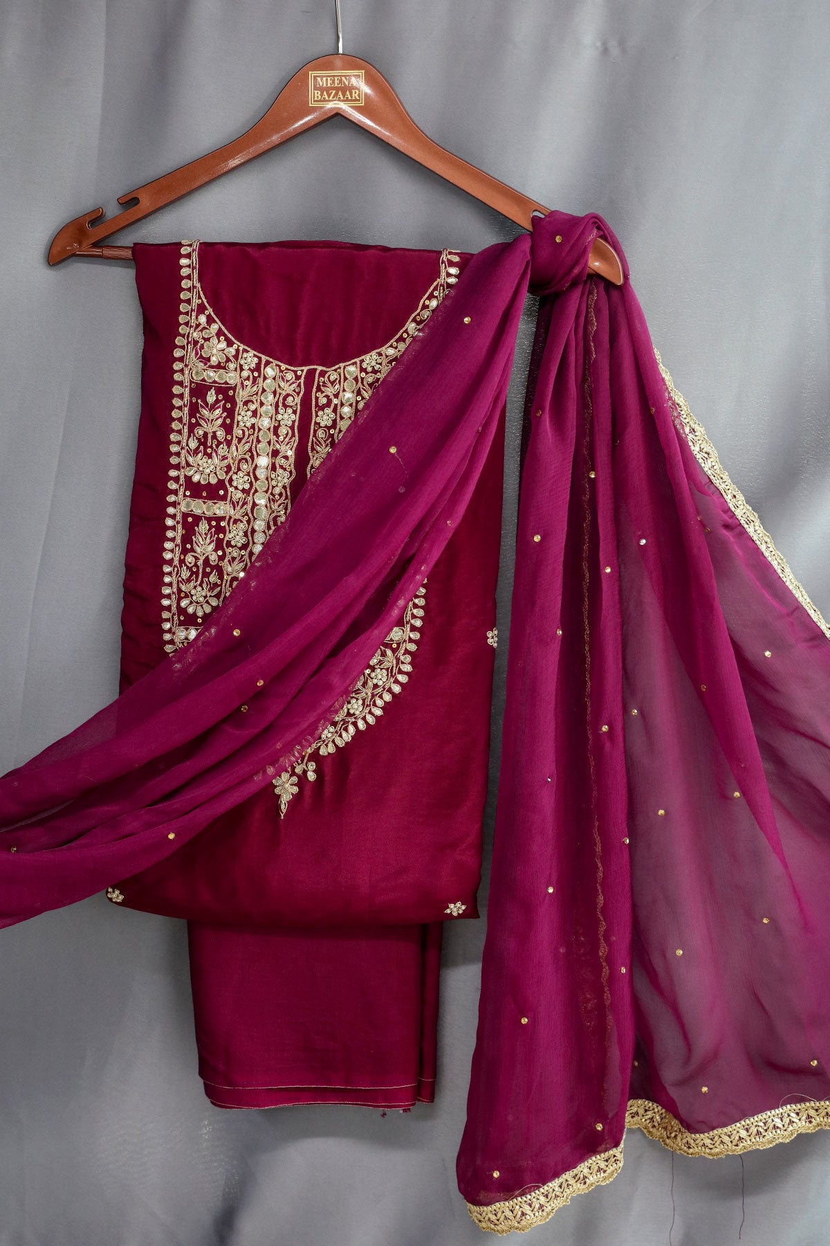 Wine Crepe Silk Gota Patti Embroidered Unstitched Suit