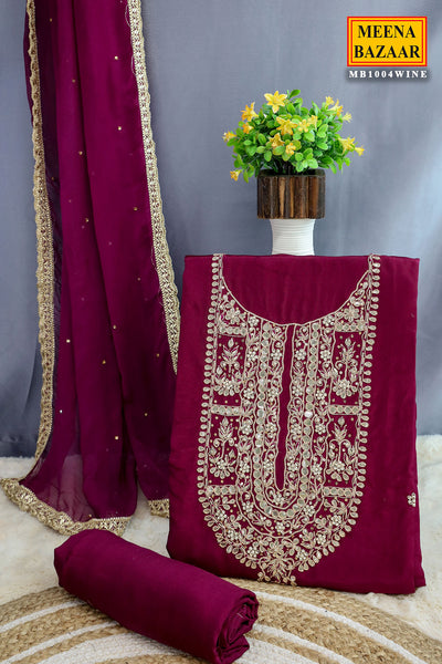 Wine Crepe Silk Gota Patti Embroidered Unstitched Suit