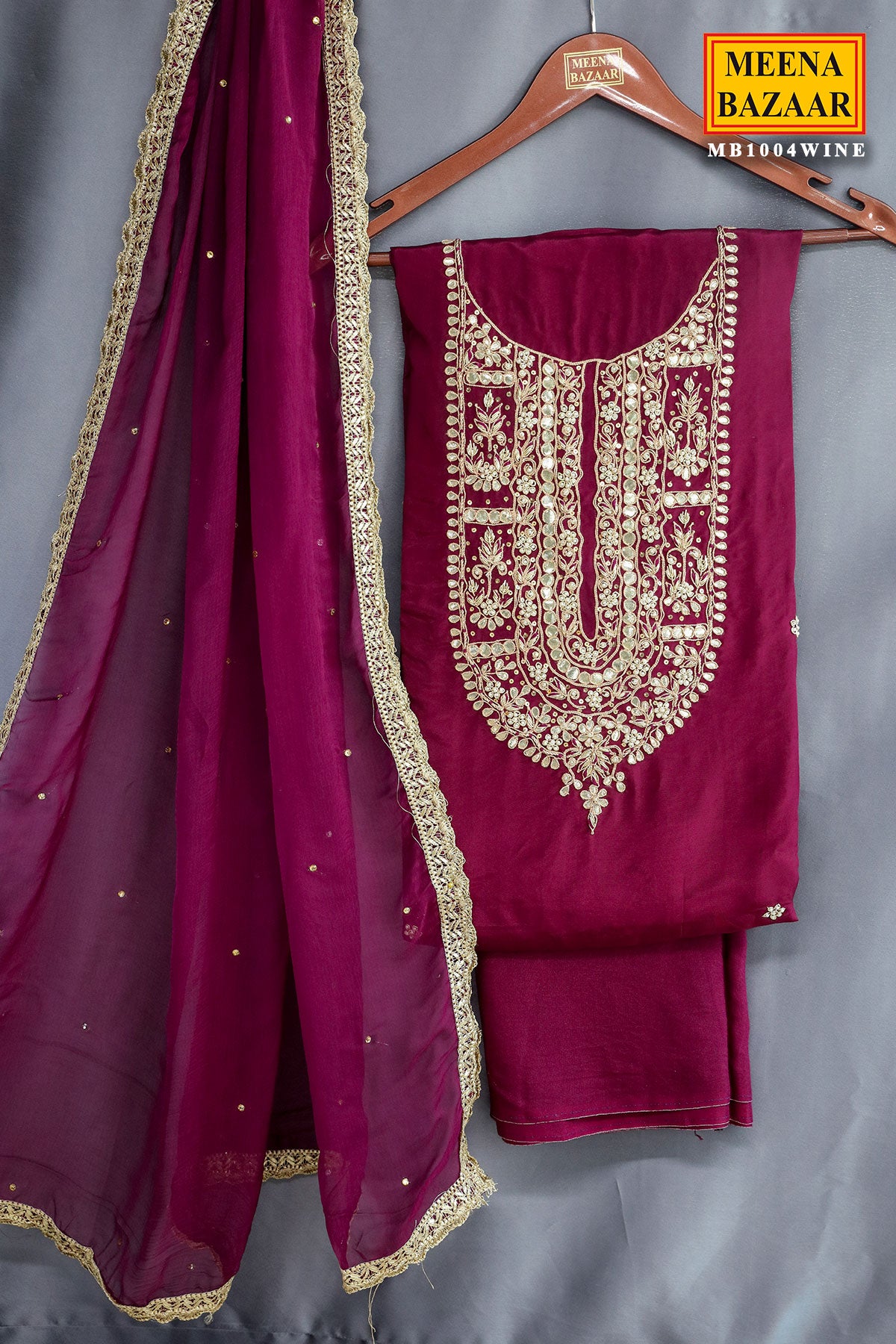 Wine Crepe Silk Gota Patti Embroidered Unstitched Suit