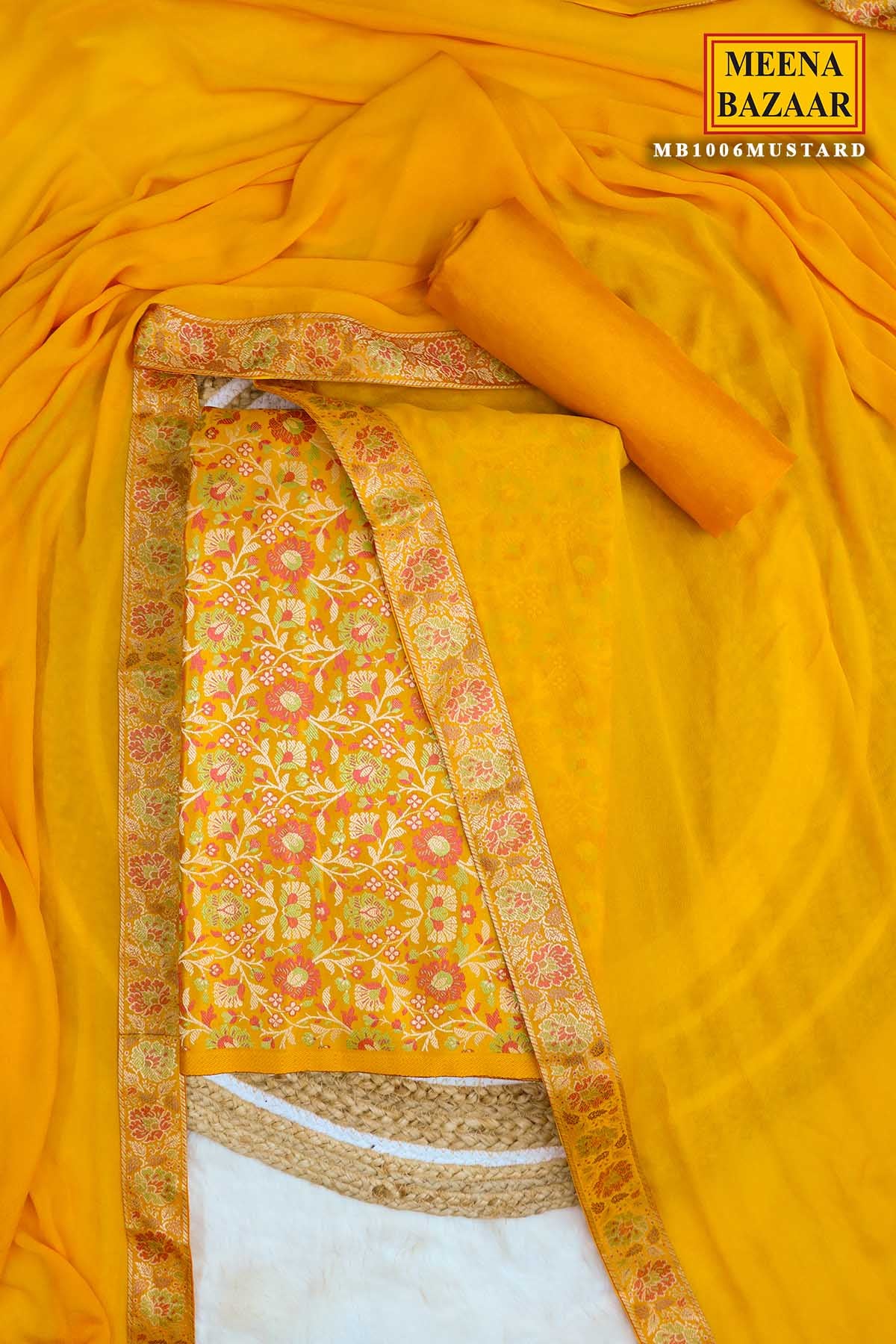 Mustard Tanchui Jamawar Silk Floral Weaving Suit Set