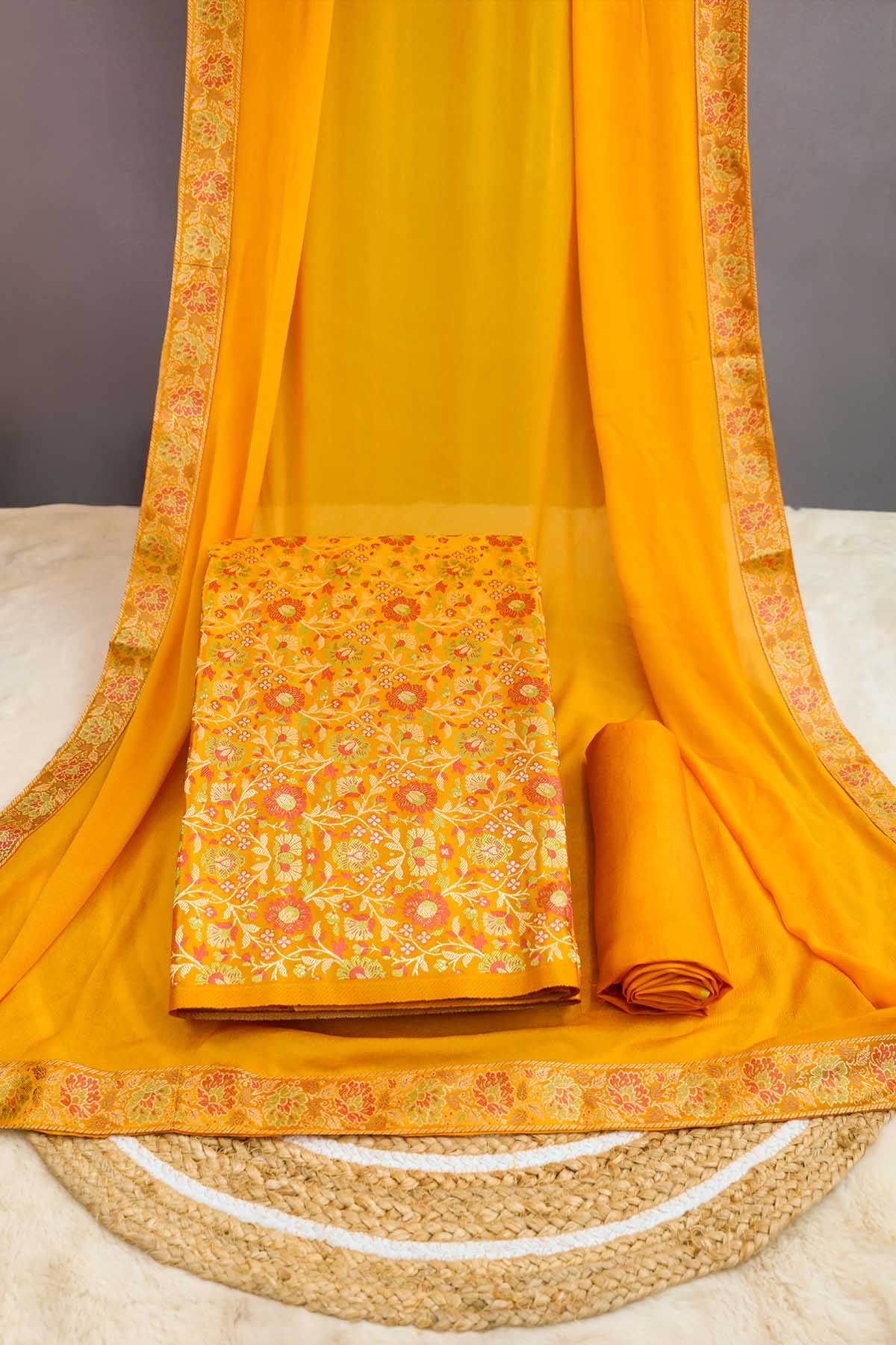 Mustard Tanchui Jamawar Silk Floral Weaving Suit Set