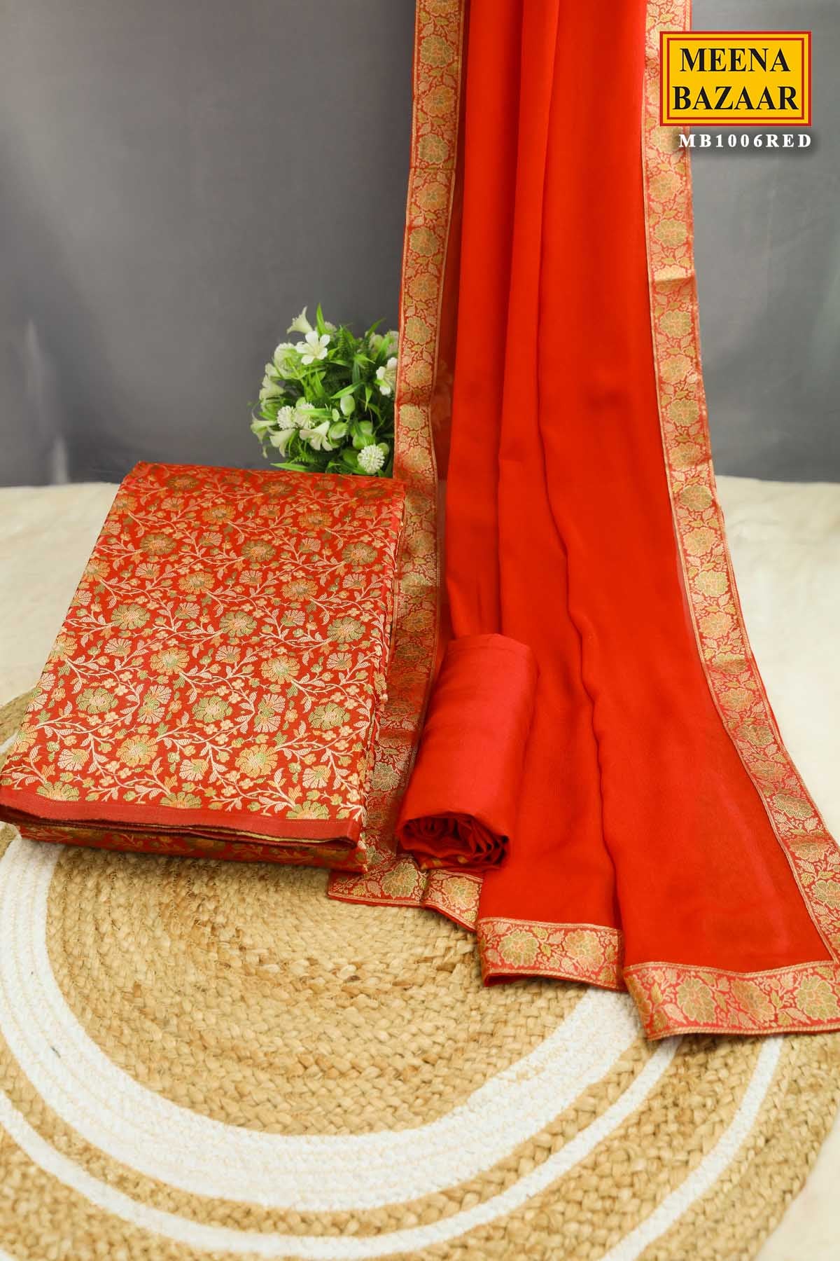 Red Tanchui Jamawar Silk Floral Weaving Suit Set