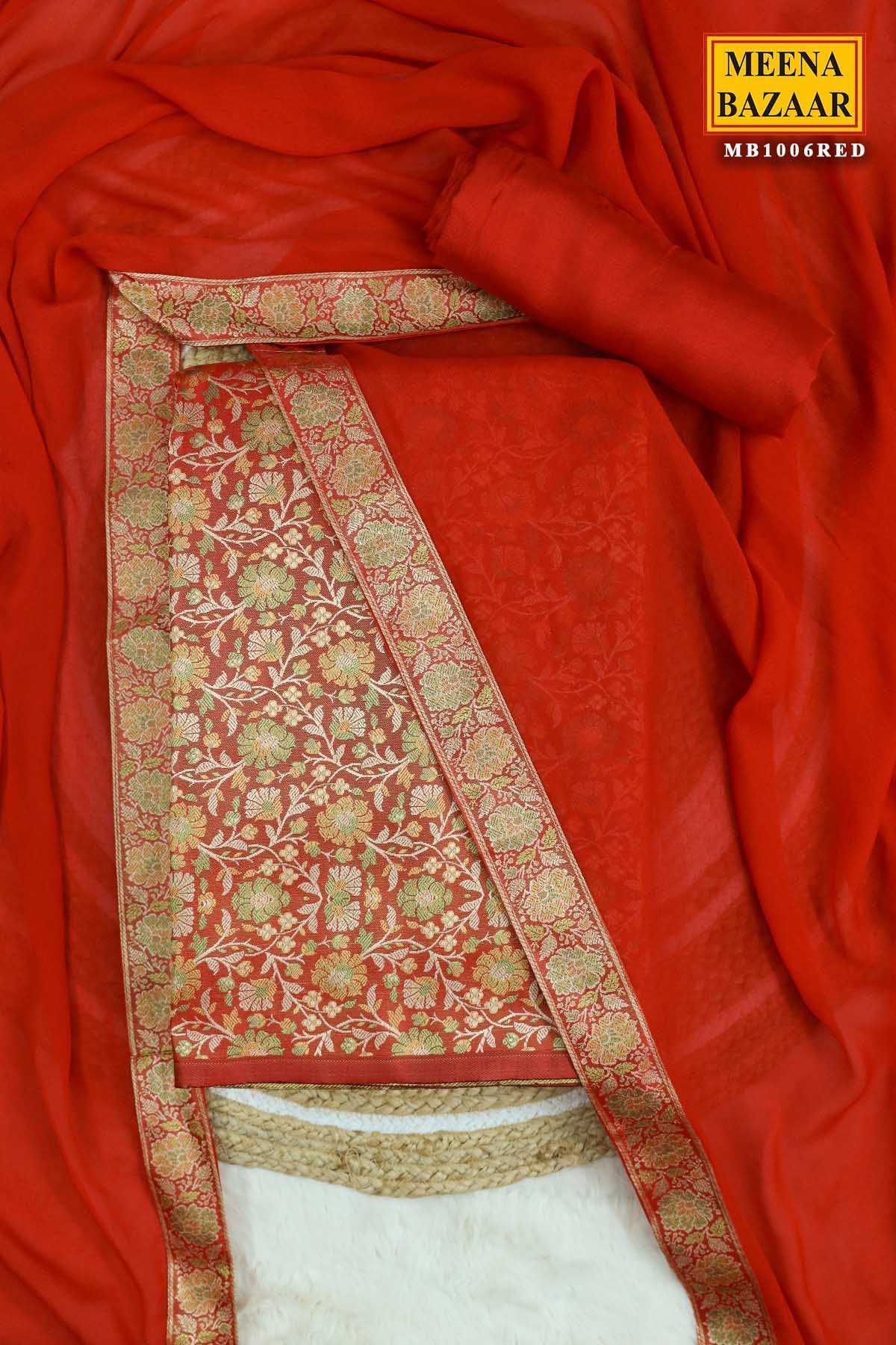 Red Tanchui Jamawar Silk Floral Weaving Suit Set