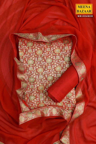 Red Tanchui Jamawar Silk Floral Weaving Suit Set