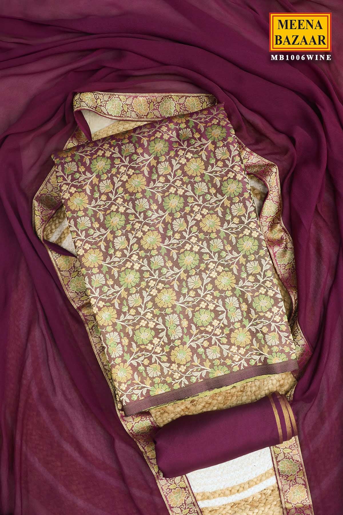 Wine Tanchui Jamawar Silk Floral Weaving Suit Set