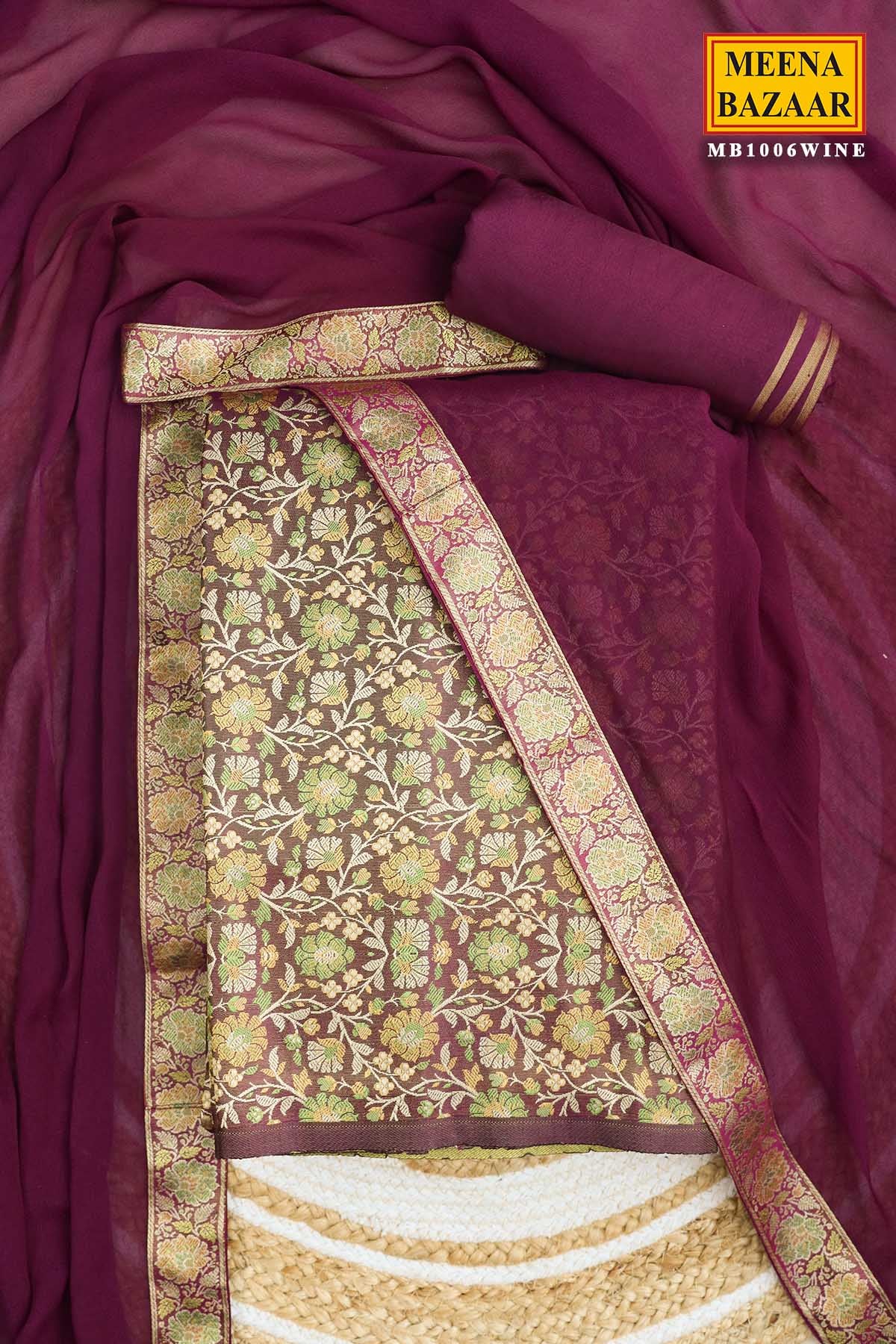 Wine Tanchui Jamawar Silk Floral Weaving Suit Set