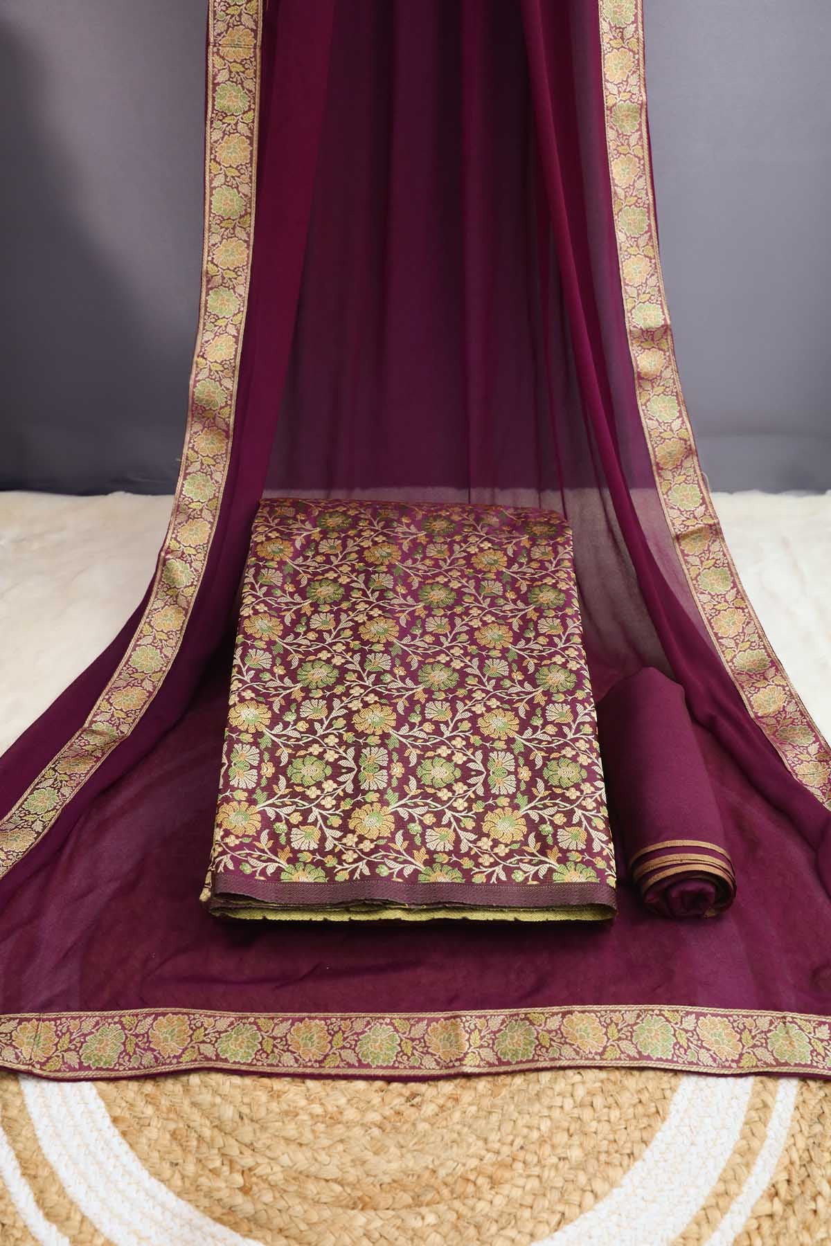 Wine Tanchui Jamawar Silk Floral Weaving Suit Set