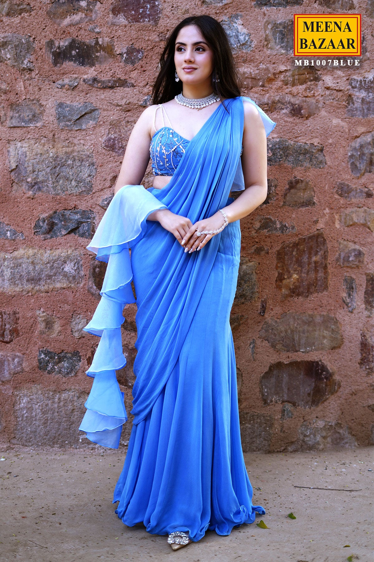 Blue Georgette Embroidered Fish-Cut Pre Stitched Saree with Ruffled Pallu