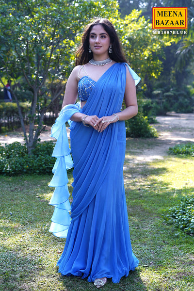 Blue Georgette Embroidered Fish-Cut Pre Stitched Saree with Ruffled Pallu
