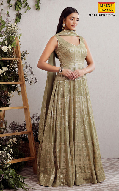 Pista Georgette Sequins Embroidered Floor Length Gown with Dupatta