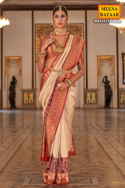 Tussar Patola Silk Printed Saree With Zari Weaving