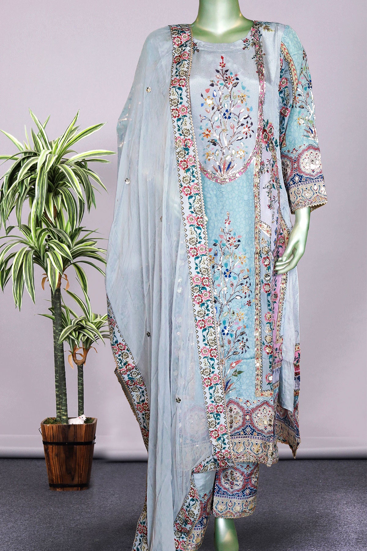 Grey Crepe Floral Printed Sequins Embroidered Suit