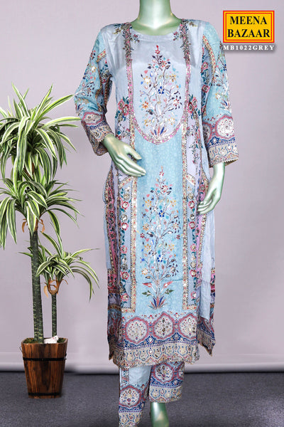 Grey Crepe Floral Printed Sequins Embroidered Suit