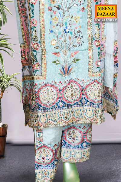 Grey Crepe Floral Printed Sequins Embroidered Suit