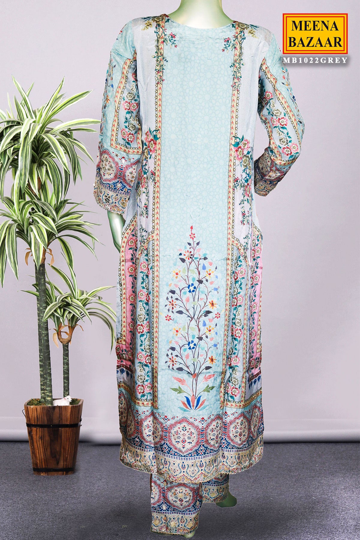 Grey Crepe Floral Printed Sequins Embroidered Suit