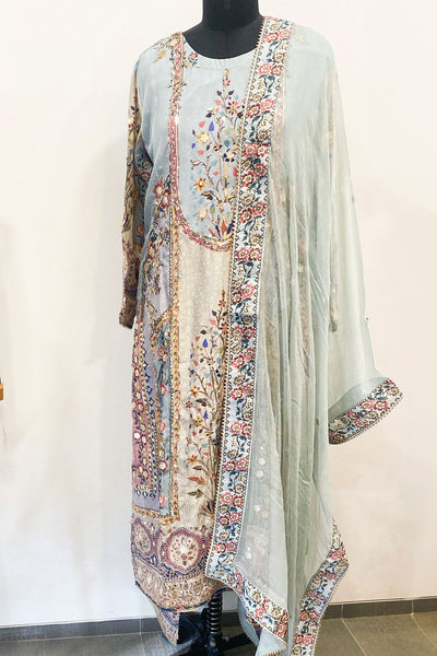 Grey Crepe Floral Printed Sequins Embroidered Suit