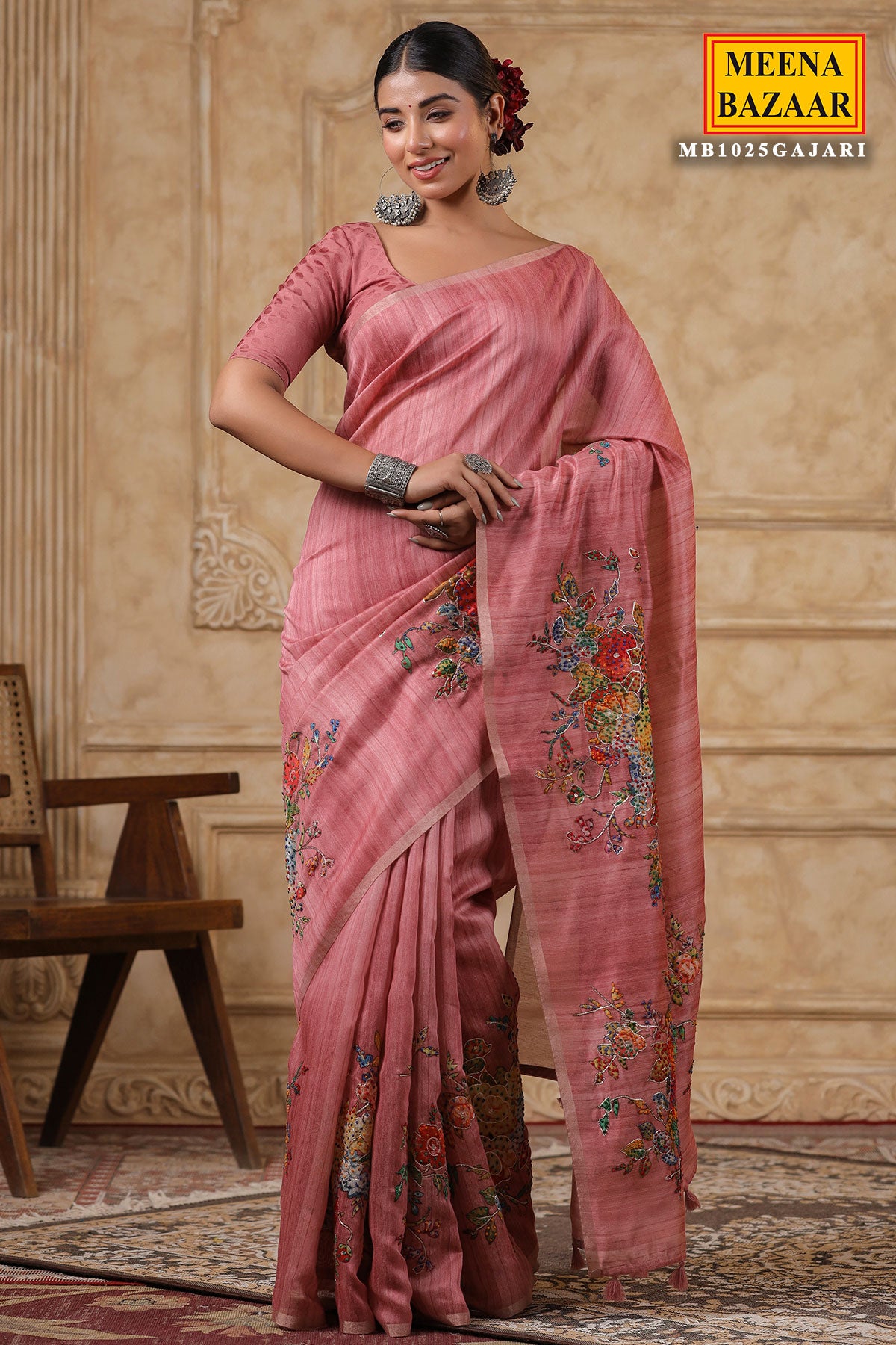 Pink Hued Cotton Floral Thread Embroidered Saree