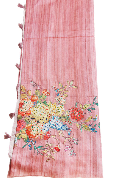 Pink Hued Cotton Floral Thread Embroidered Saree