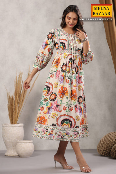 White Cotton Floral Printed Kurti with Thread Embroidery