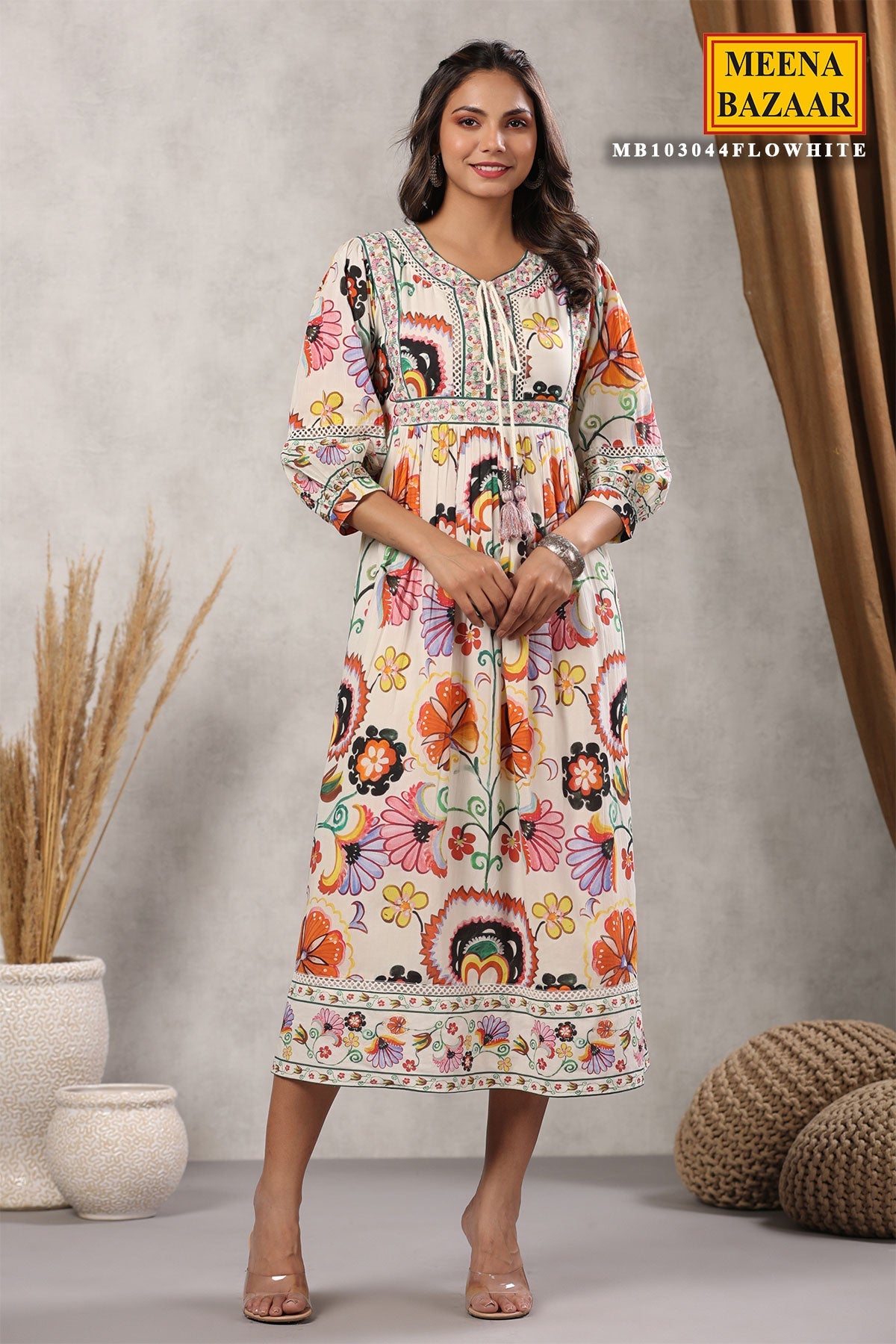 White Cotton Floral Printed Kurti with Thread Embroidery