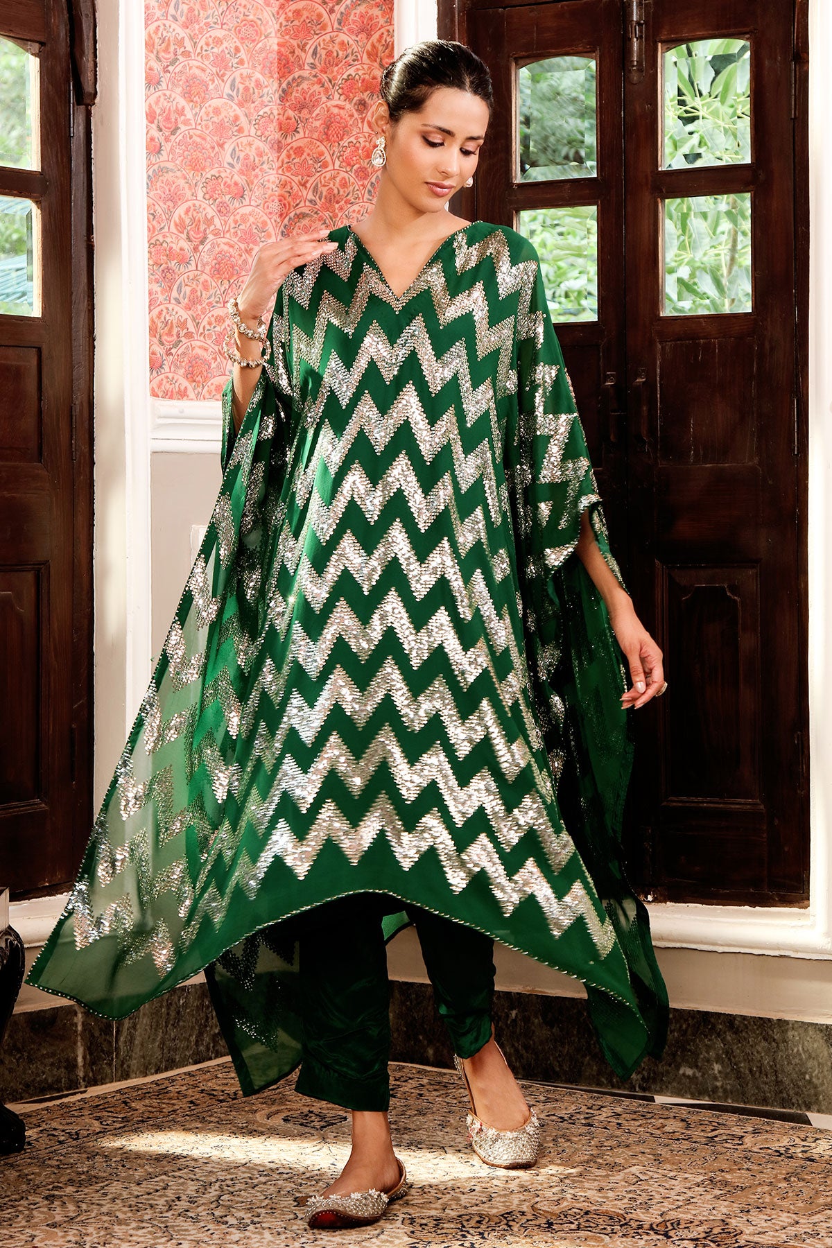 Green Georgette Sequins Embroidered Kaftan-Pant Set