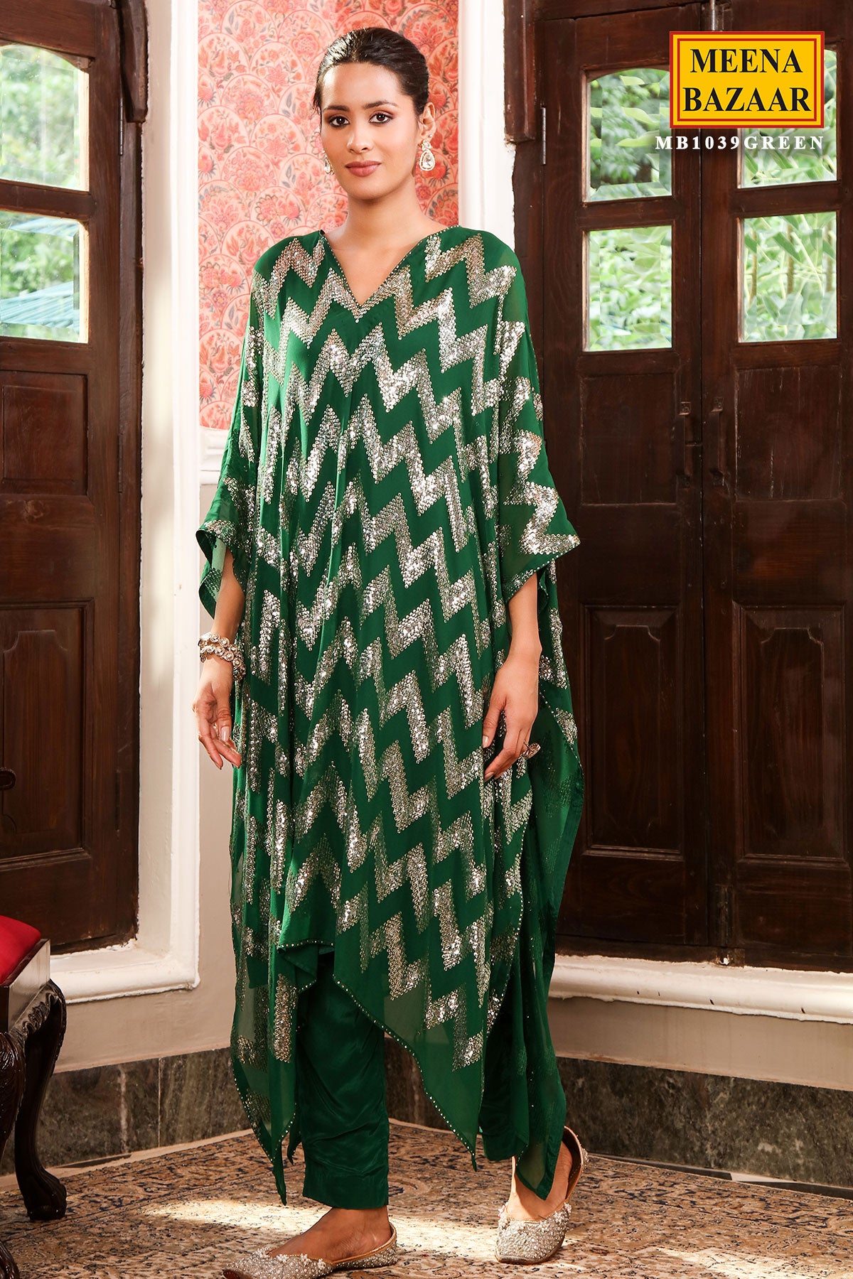 Green Georgette Sequins Embroidered Kaftan-Pant Set