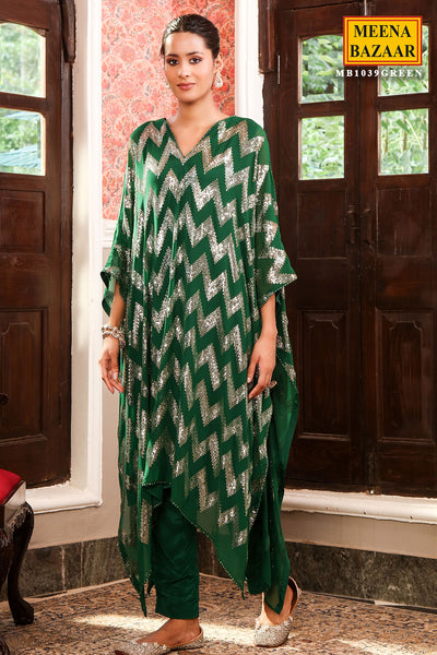 Dark Green Georgette Sequins Embroidered Kaftan-Pant Set