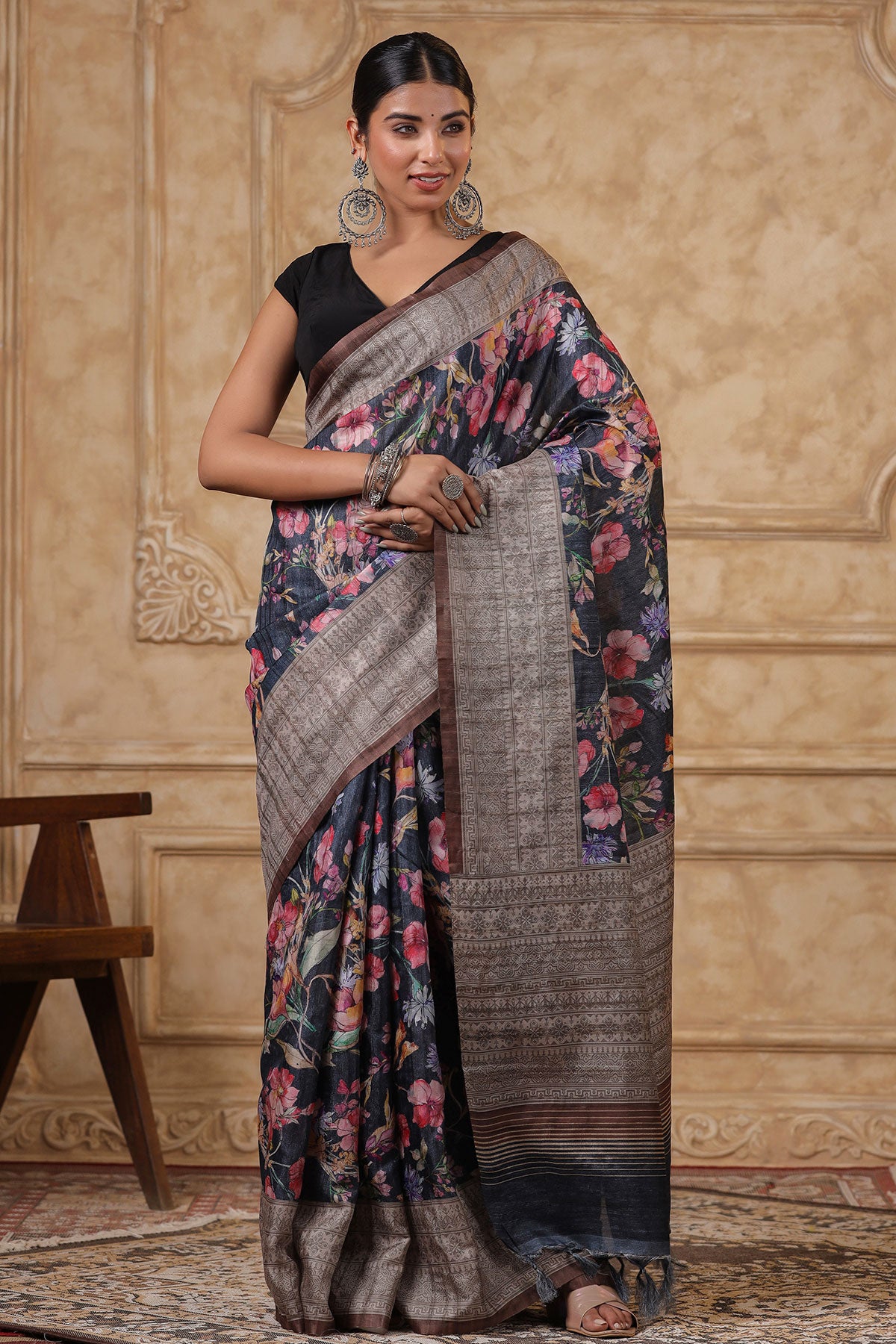 Grey Cotton Floral Printed Saree