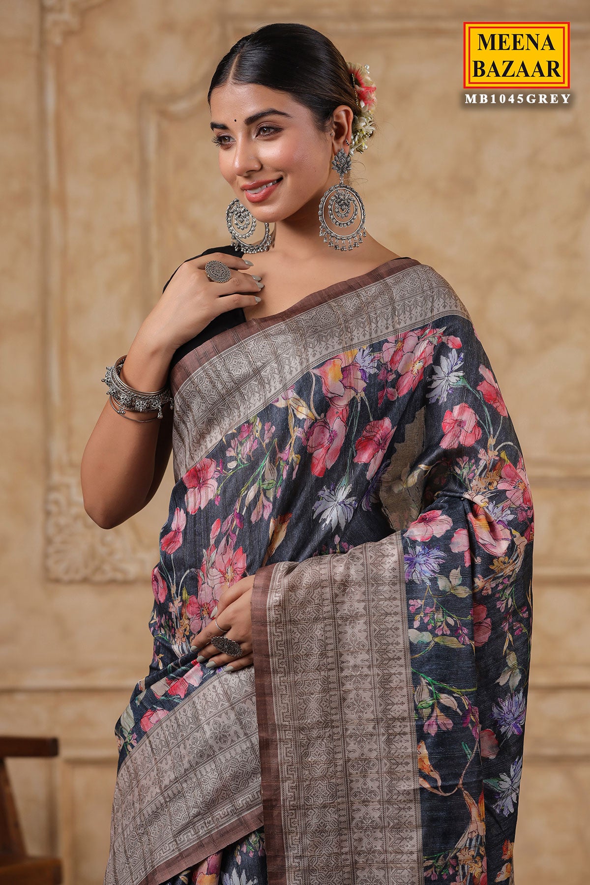 Grey Cotton Floral Printed Saree