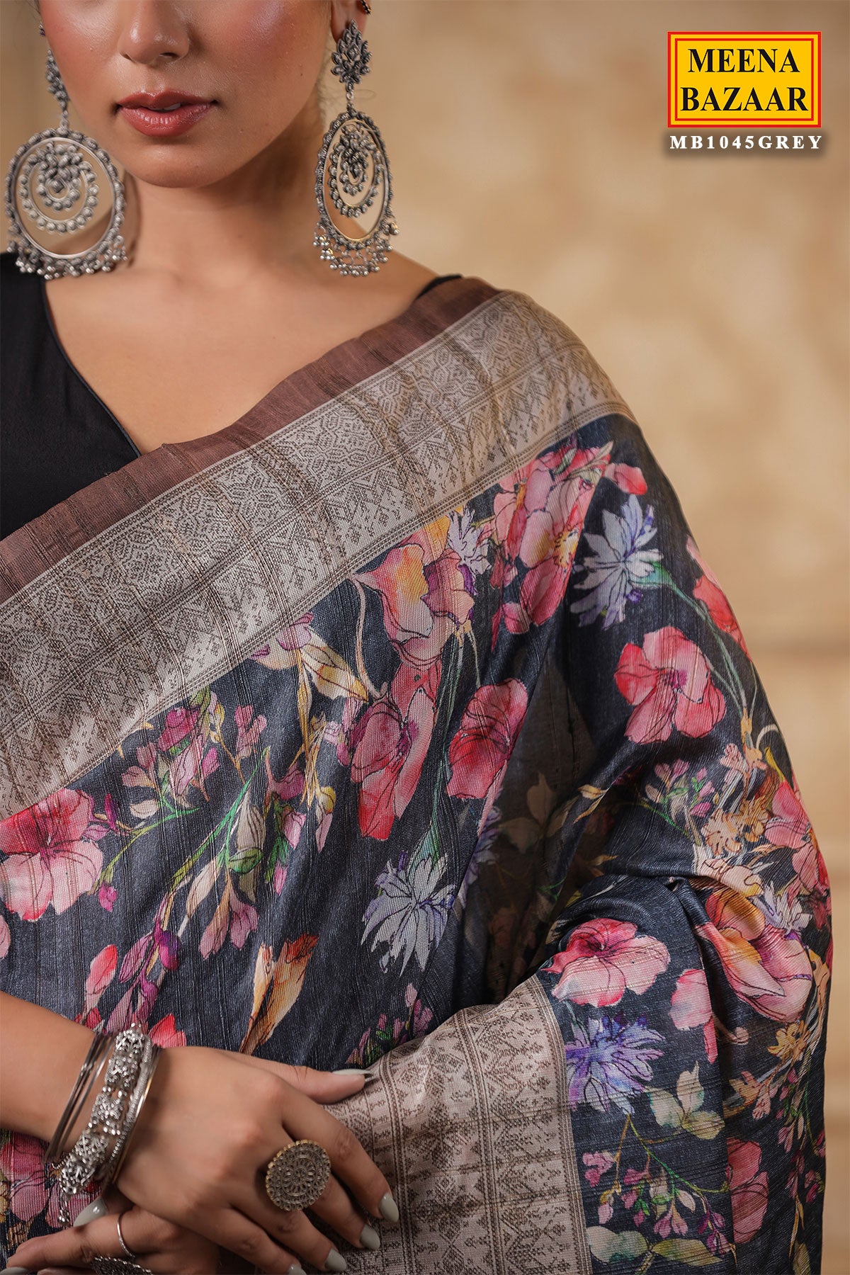 Grey Cotton Floral Printed Saree