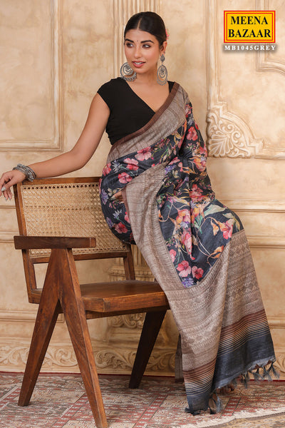 Grey Cotton Floral Printed Saree