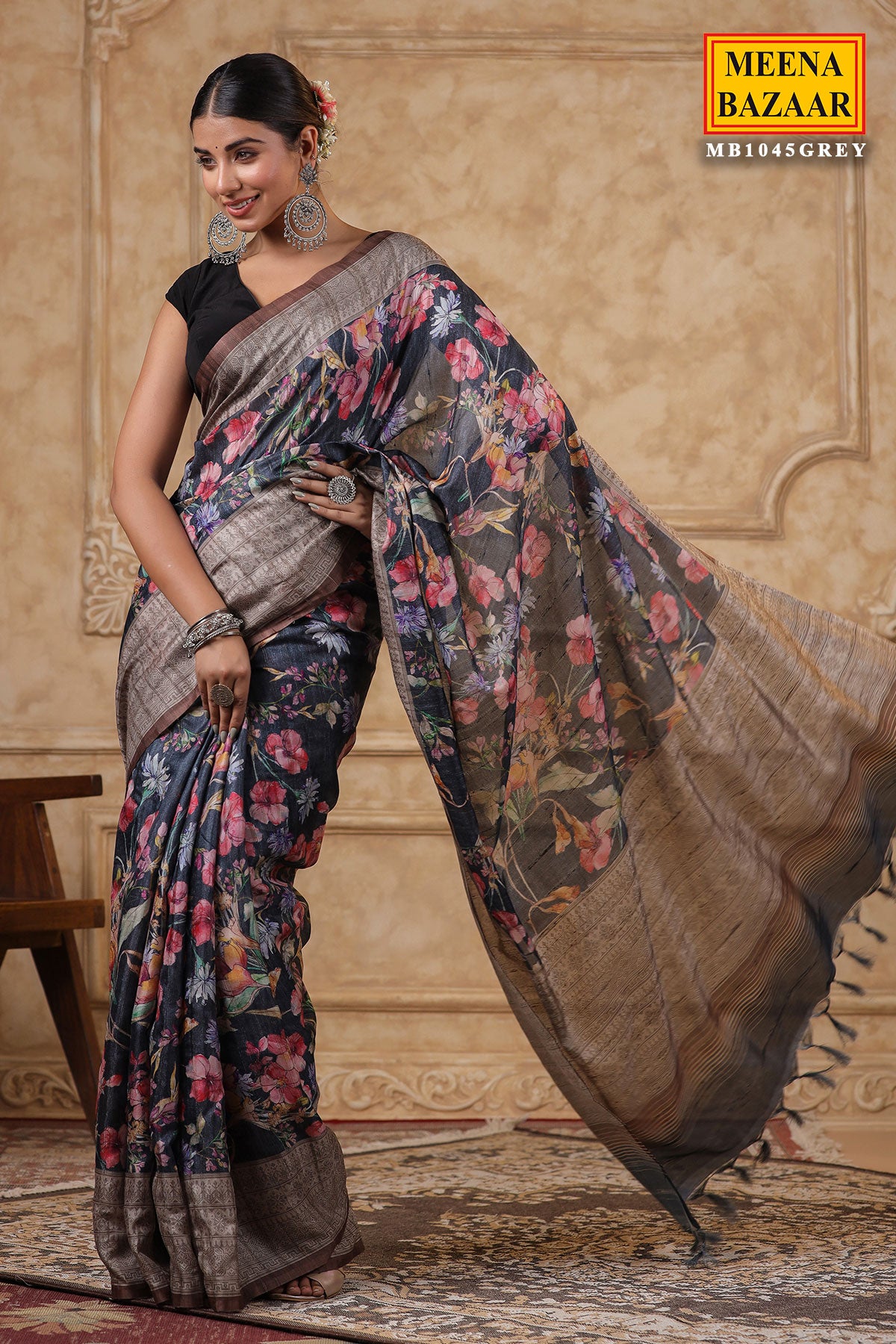 Grey Cotton Floral Printed Saree