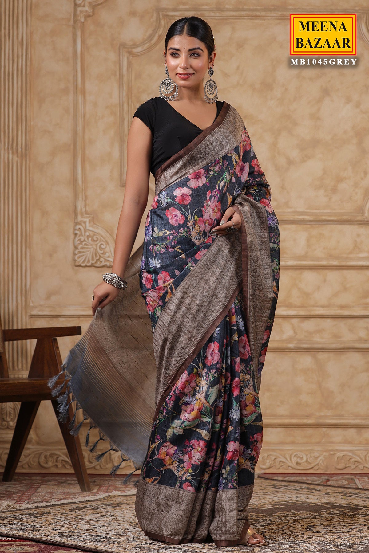 Grey Cotton Floral Printed Saree