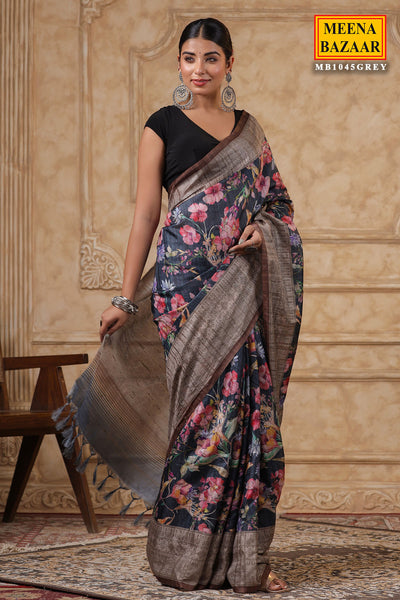 Grey Cotton Floral Printed Saree