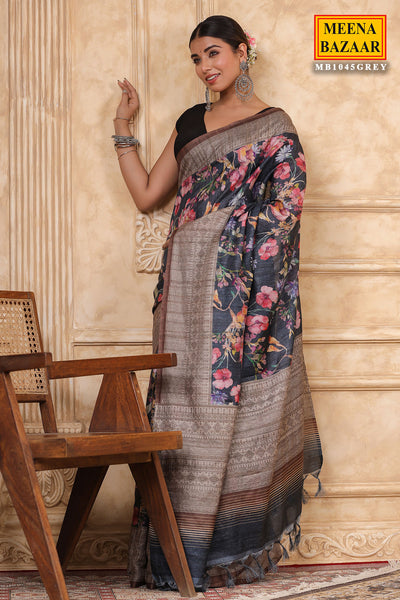 Grey Cotton Floral Printed Saree