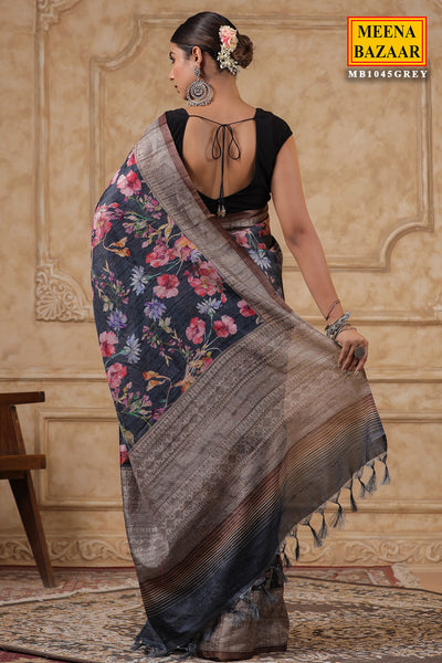 Grey Cotton Floral Printed Saree