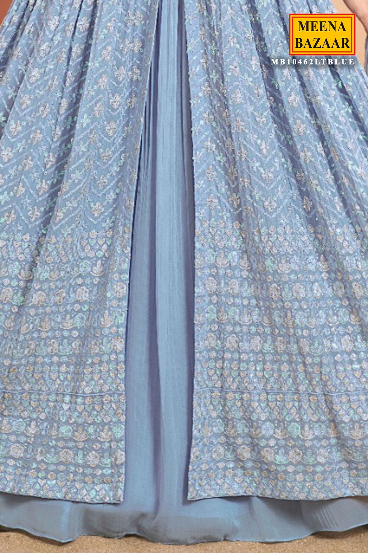 Light Blue Georgette Sequins and Threadwork Embroidered Floor Length Kurti-Skirt 4-Piece Set