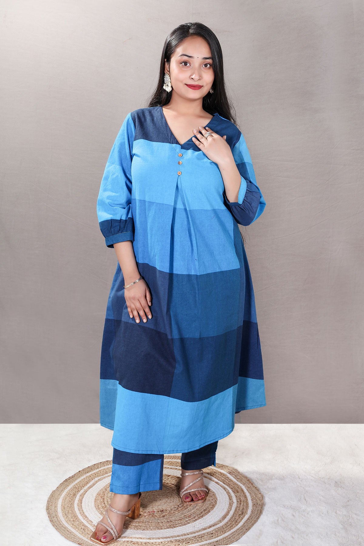 Blue Color-Blocked Cotton Printed Tunic Co-ord Set