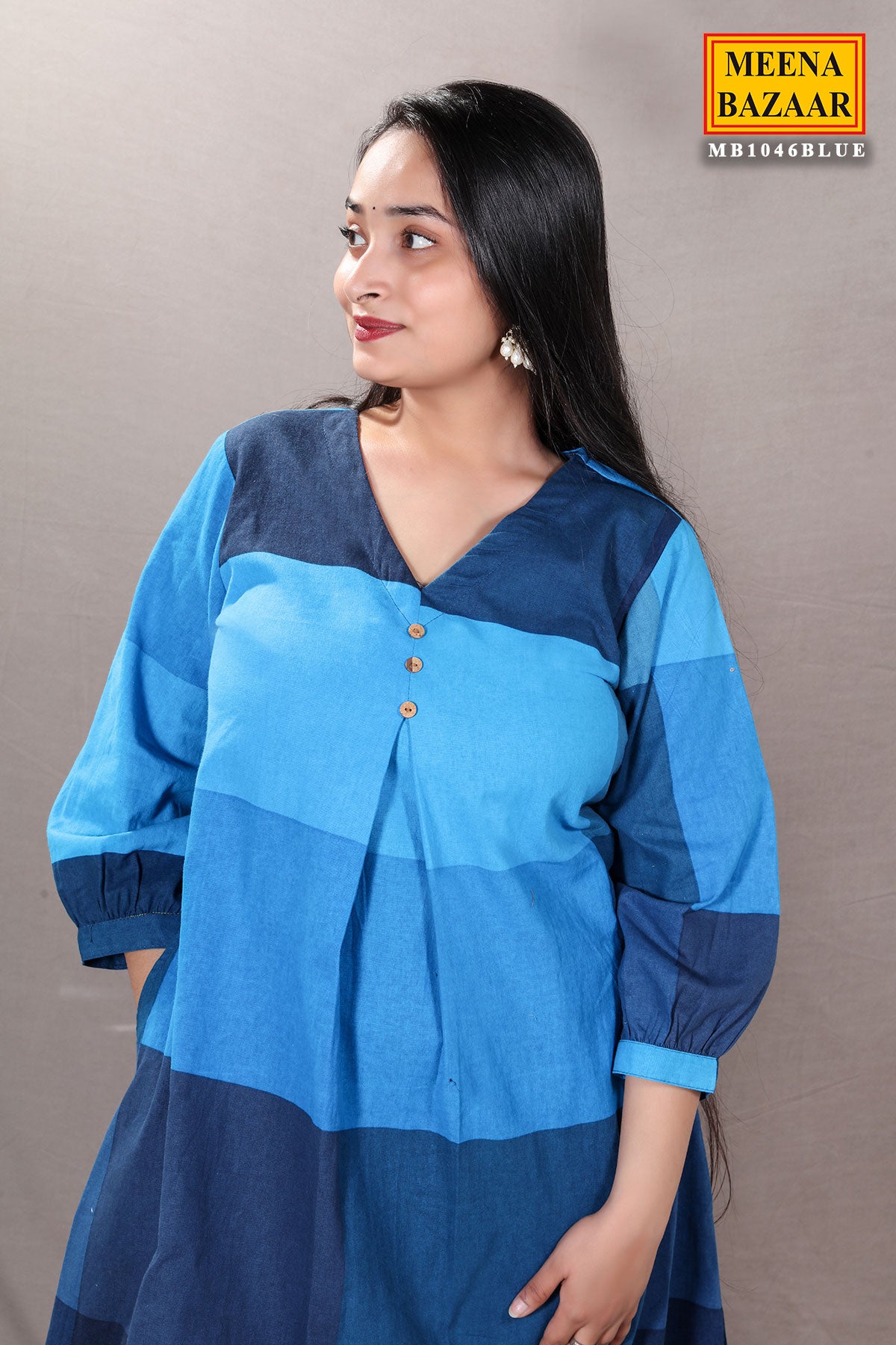 Blue Color-Blocked Cotton Printed Tunic Co-ord Set