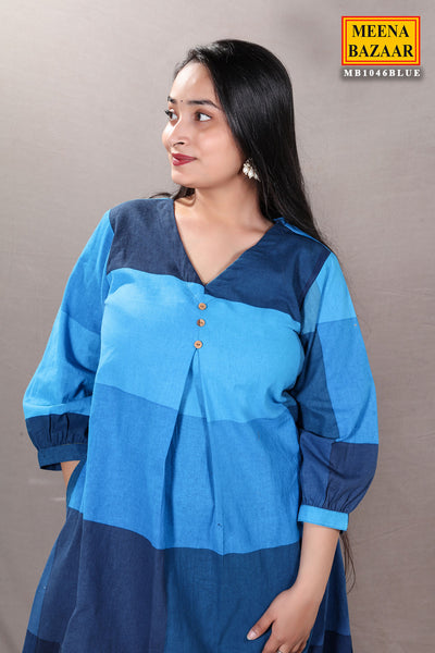 Blue Color-Blocked Cotton Printed Tunic Co-ord Set