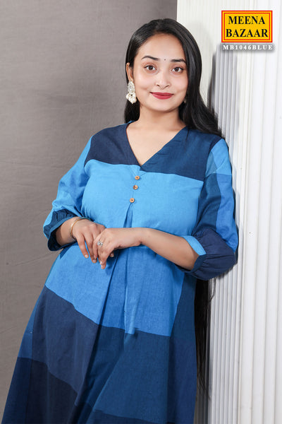 Blue Color-Blocked Cotton Printed Tunic Co-ord Set