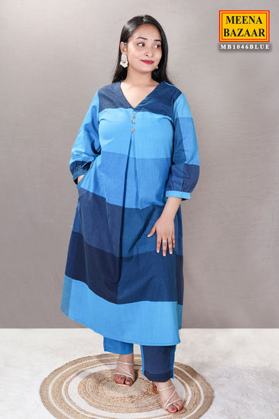 Blue Color-Blocked Cotton Printed Tunic Co-ord Set