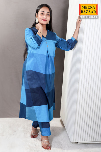 Blue Color-Blocked Cotton Printed Tunic Co-ord Set