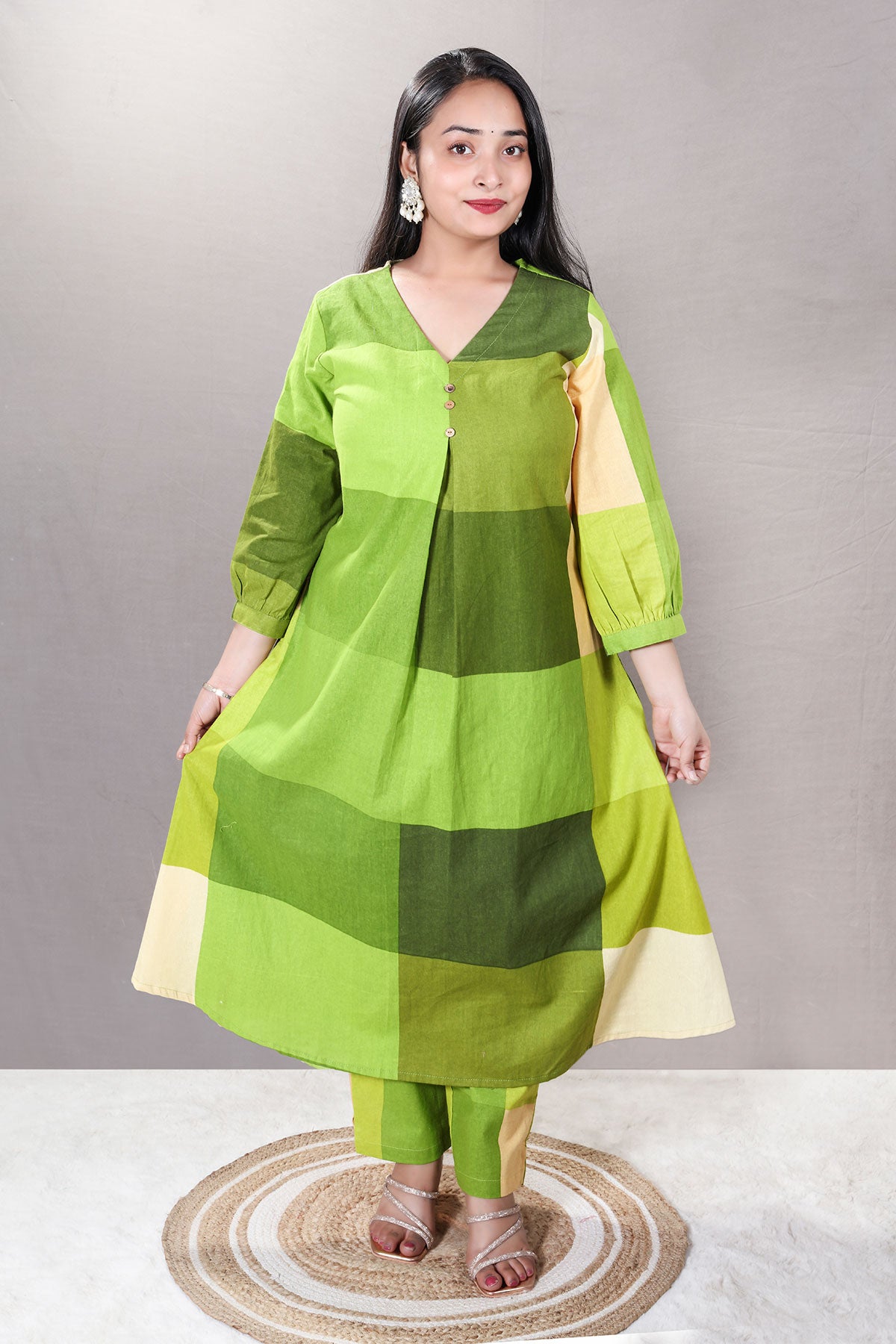 Green Color-Blocked Cotton Printed Tunic Co-ord Set