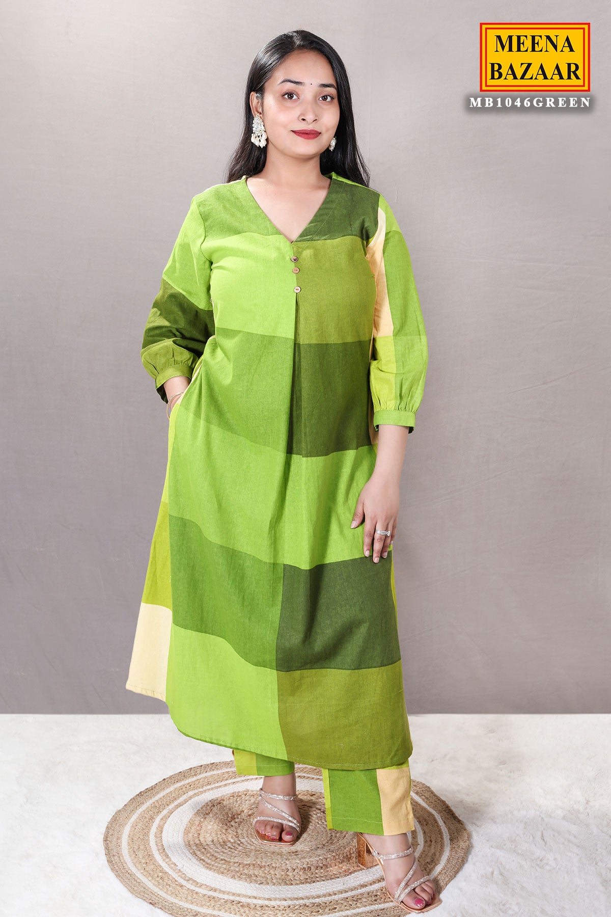 Green Color-Blocked Cotton Printed Tunic Co-ord Set