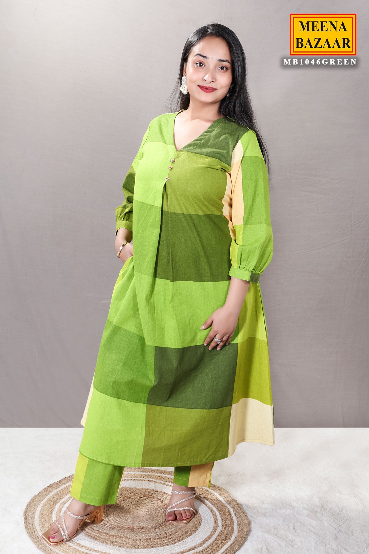 Green Color-Blocked Cotton Printed Tunic Co-ord Set