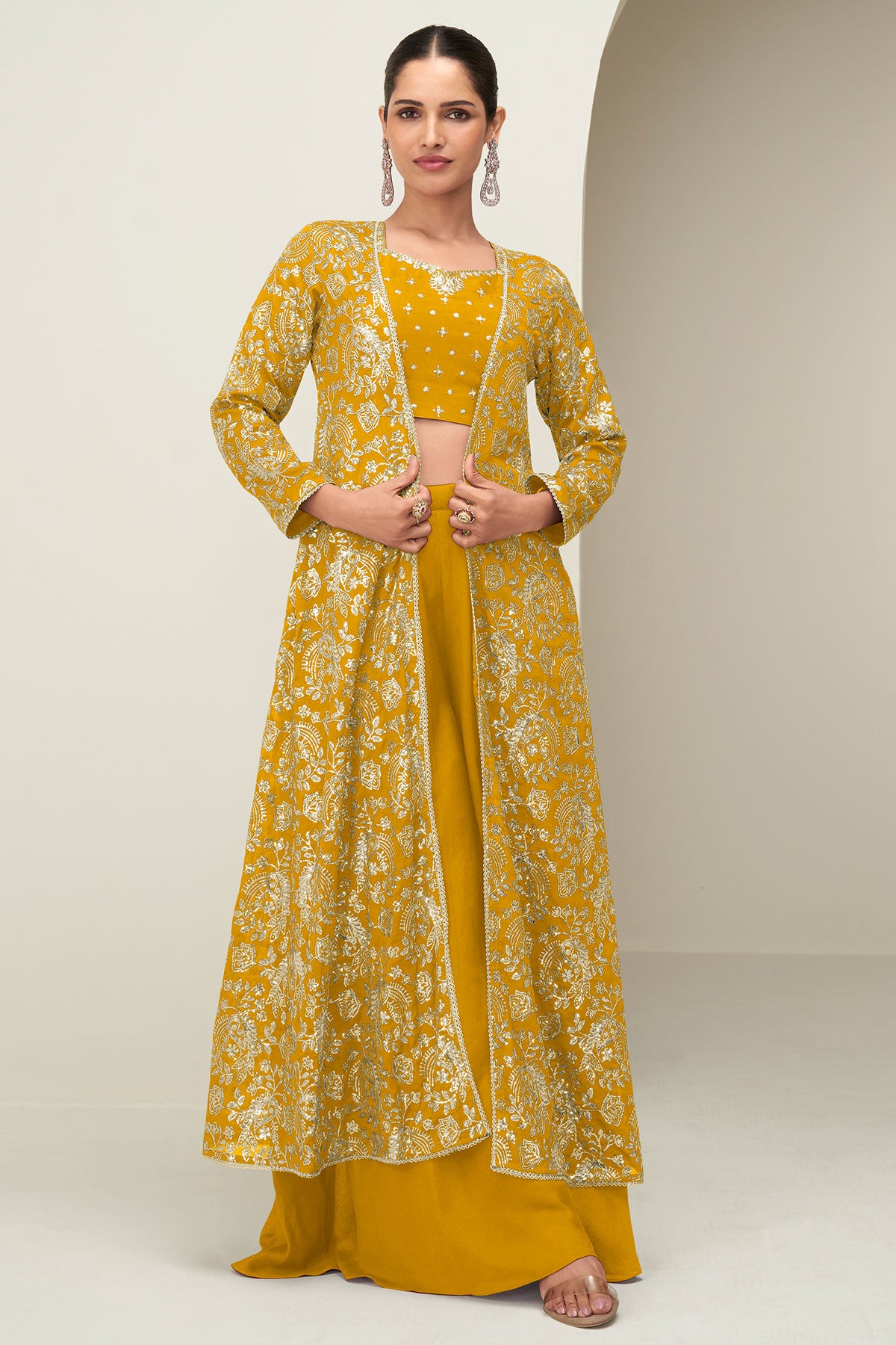 Mustard Chinon Embroidered Ready Made Suit