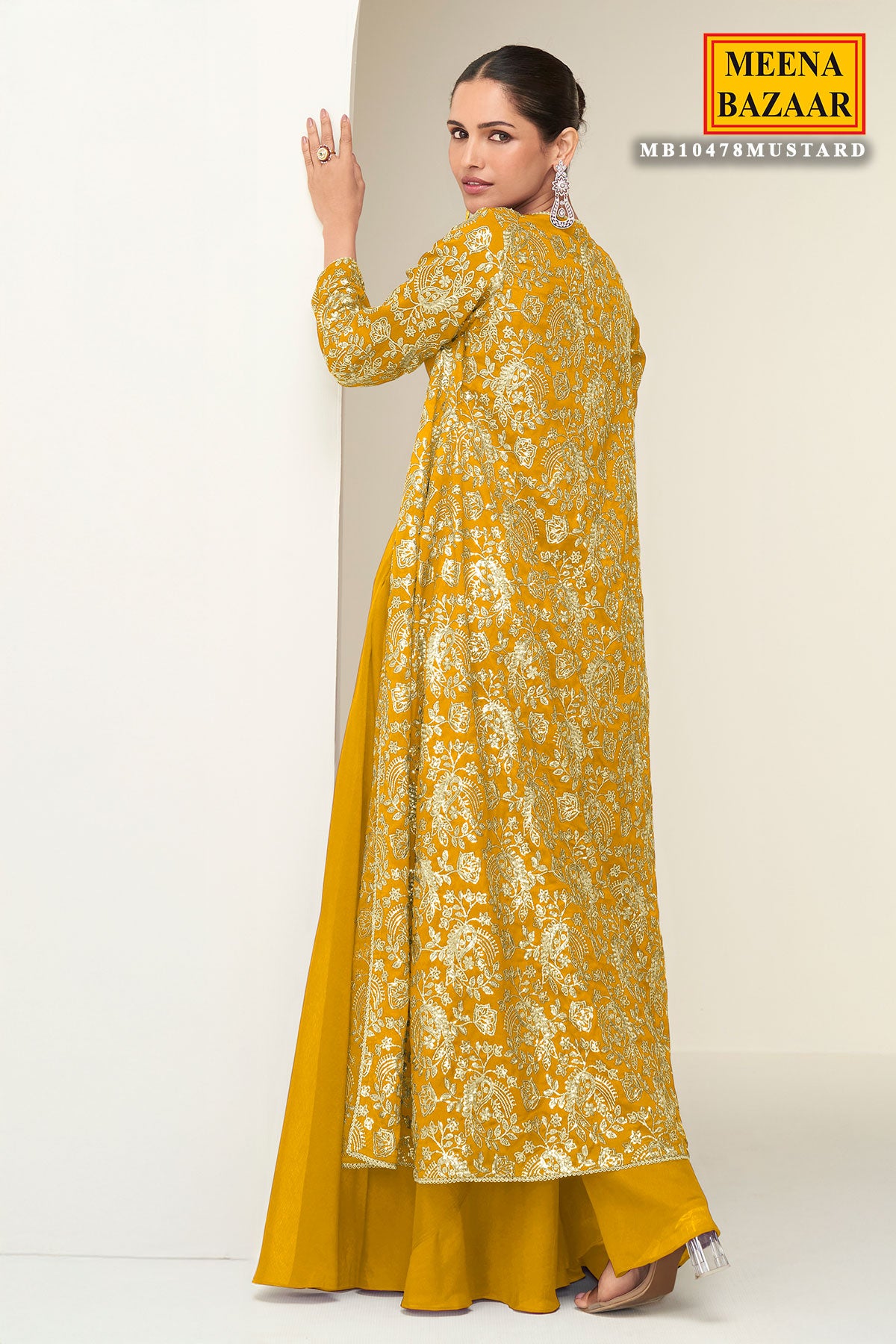 Mustard Chinon Embroidered Ready Made Suit